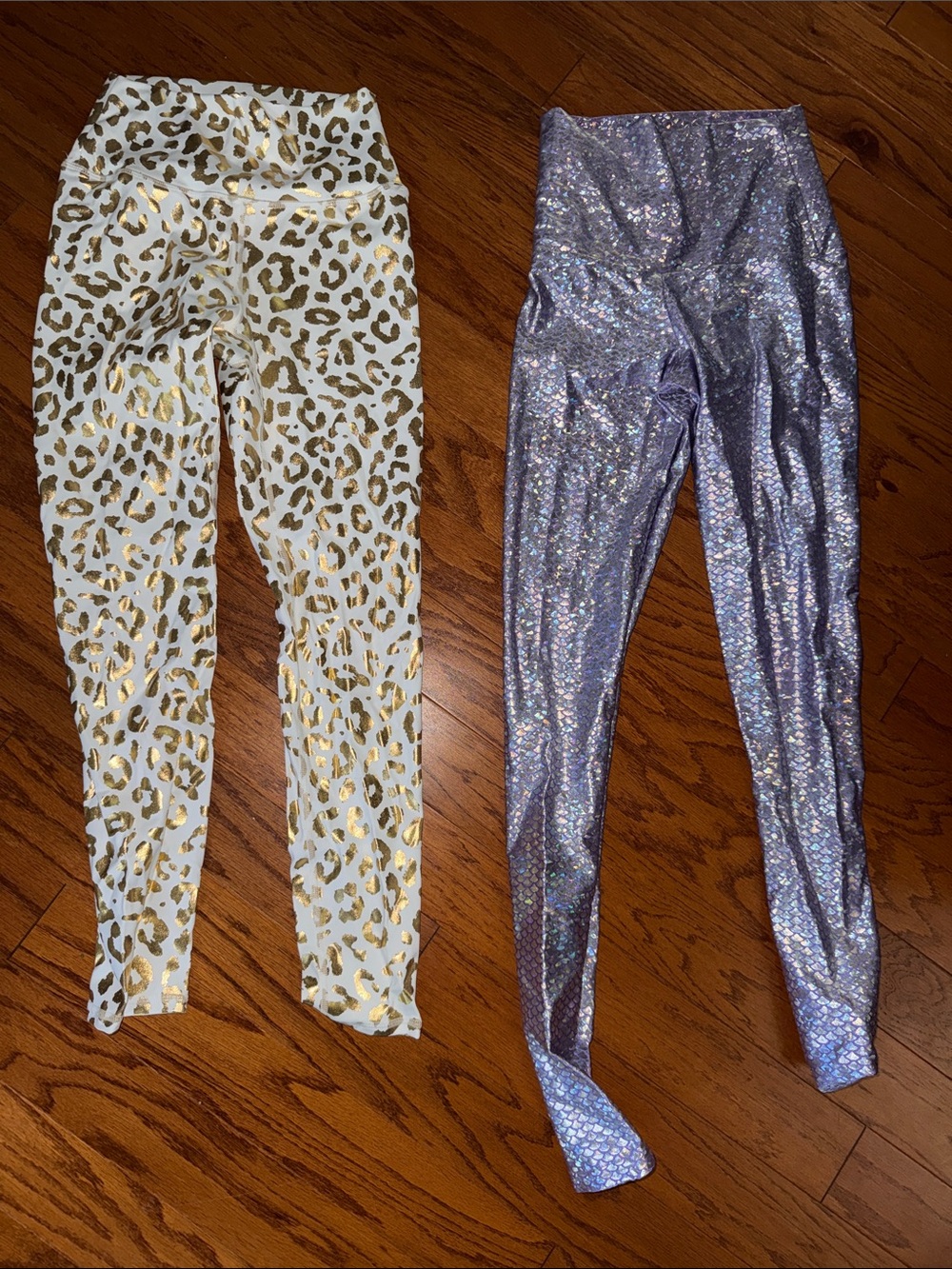 Source Unknown White & Gold Leopard Leggings + Silver Holographic Leggings Duo